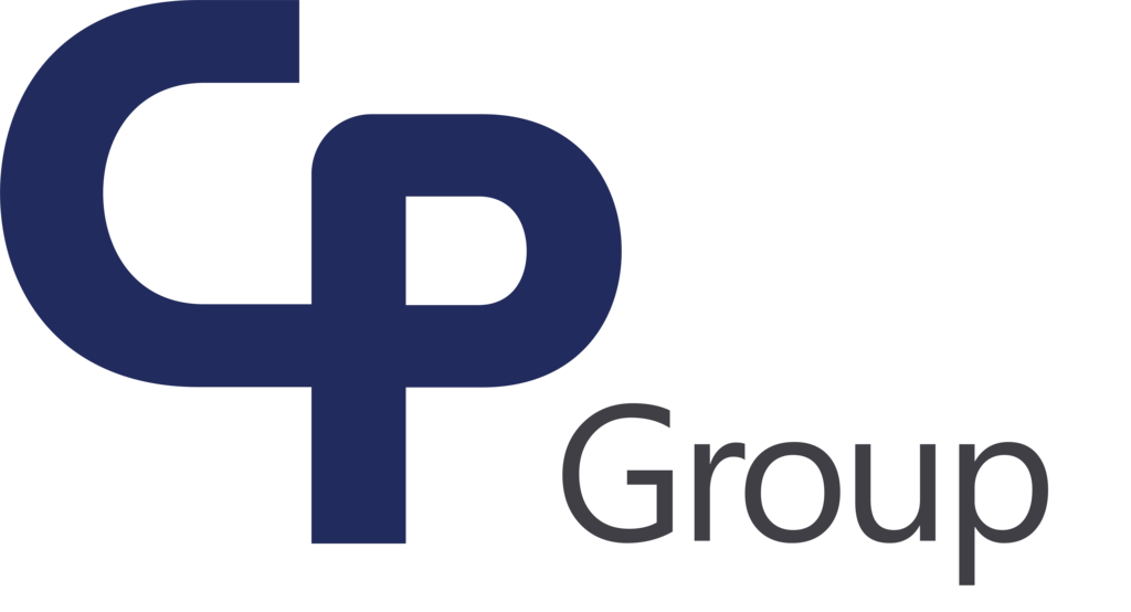 Logo of CP Group with blue and black design on a white background